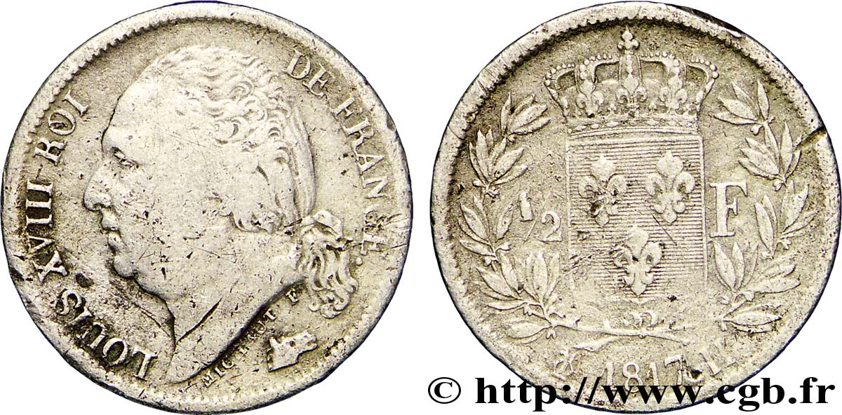 1/2 franc Louis XVIII 1817 La Rochelle F.179/11 VF20 