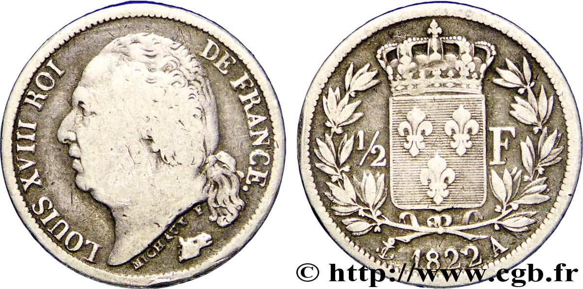 1/2 franc Louis XVIII 1822 Paris F.179/30 BC15 