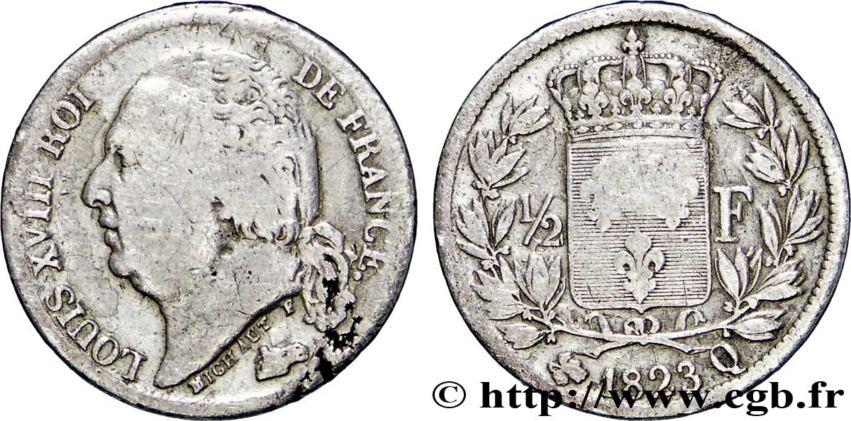 1/2 franc Louis XVIII 1823 Perpignan F.179/41 TB18 