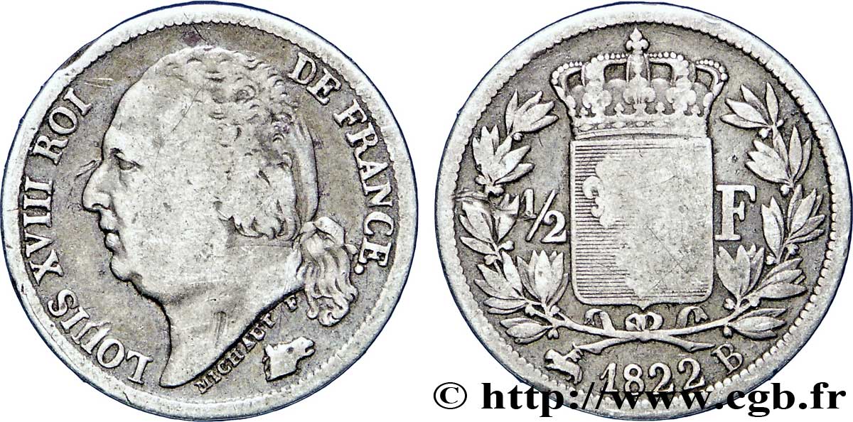 1/2 franc Louis XVIII 1822 Rouen F.179/31 TB18 