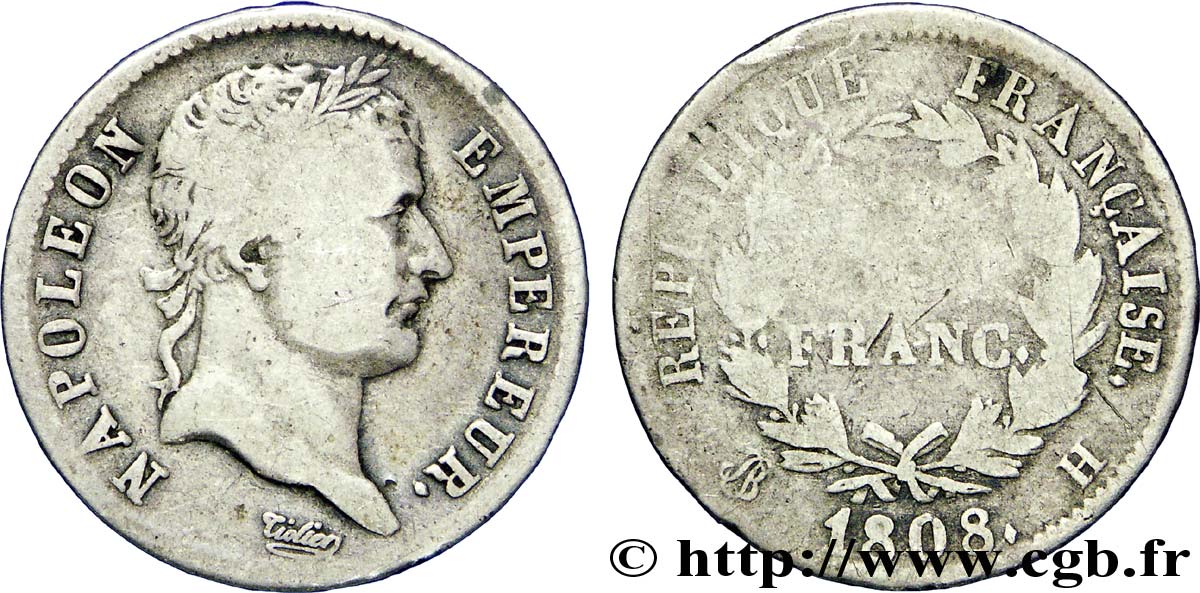 1 franc Napoléon Ier tête laurée, République française 1808 La Rochelle F.204/6 RC12 