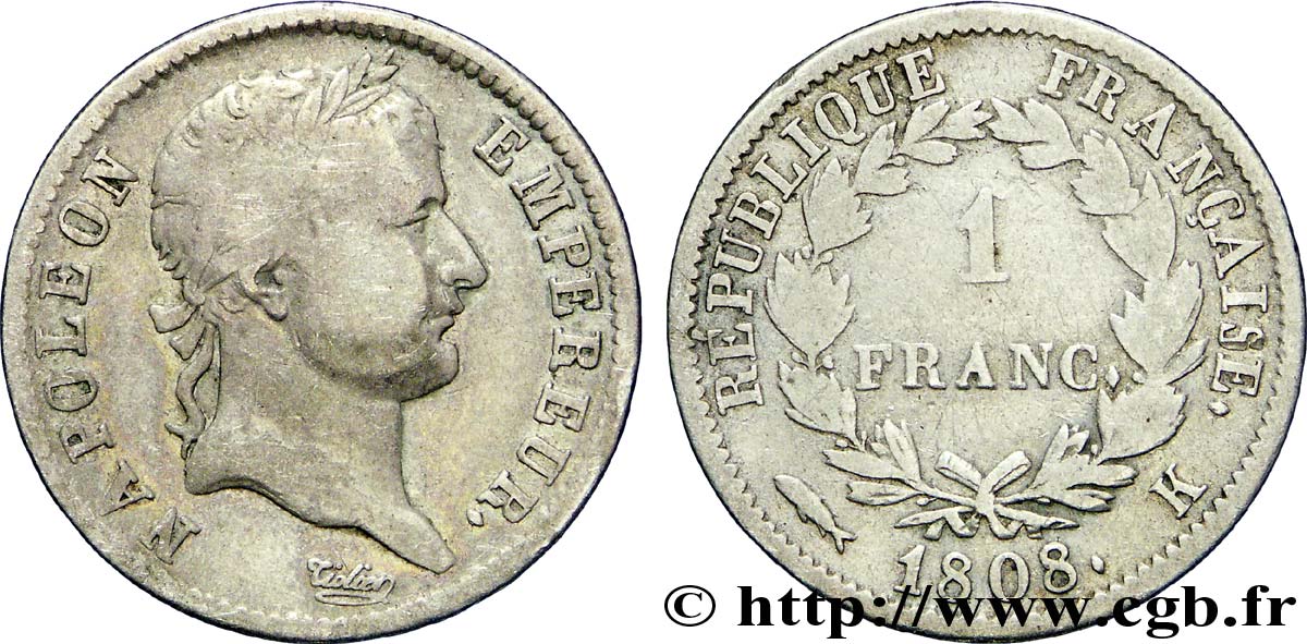 1 franc Napoléon Ier tête laurée, République française 1808 Bordeaux F.204/8 BC18 