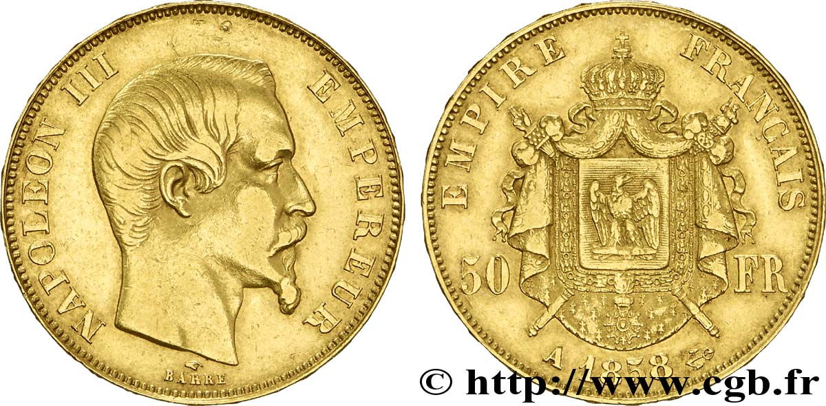 50 francs or Napoléon III, tête nue 1858 Paris F.547/5 XF45 