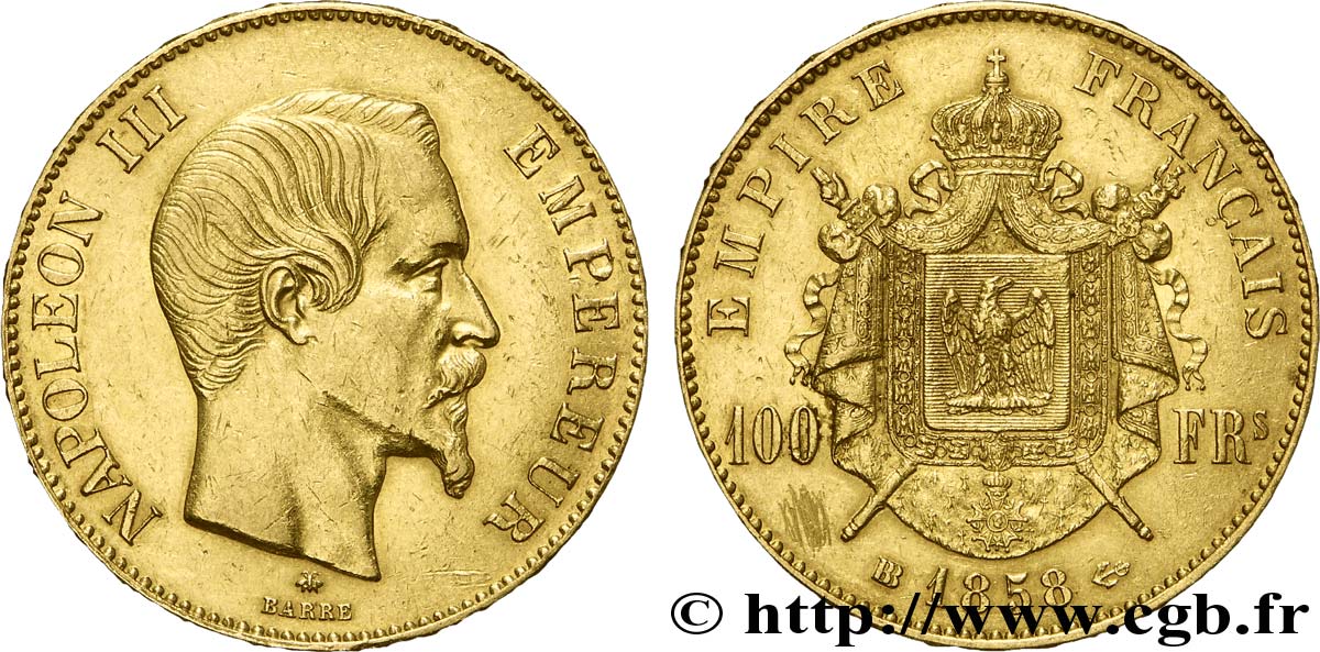 100 francs or Napoléon III, tête nue 1858 Strasbourg F.550/6 AU50 