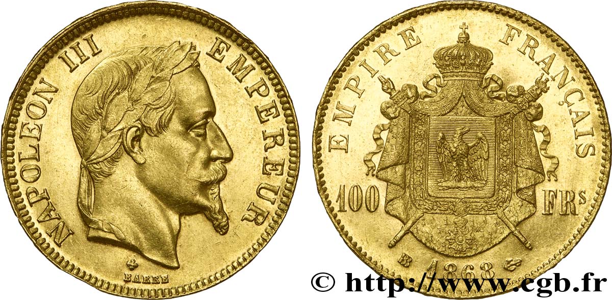 100 francs or Napoléon III, tête laurée 1868 Strasbourg F.551/11 SUP60 