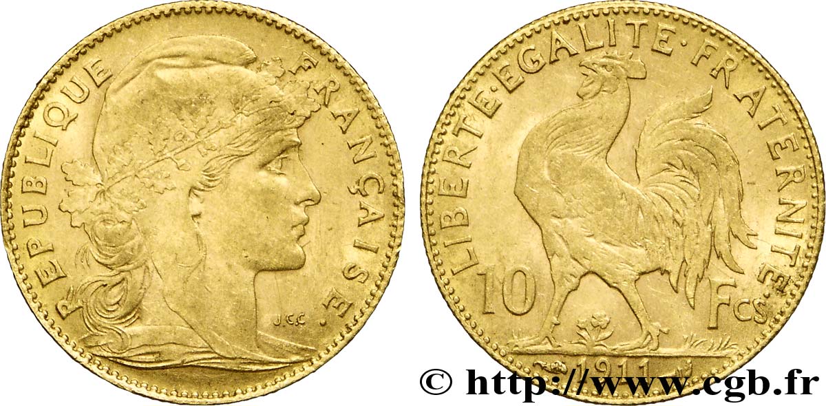 10 francs or Coq 1911 Paris F.509/12 AU52 