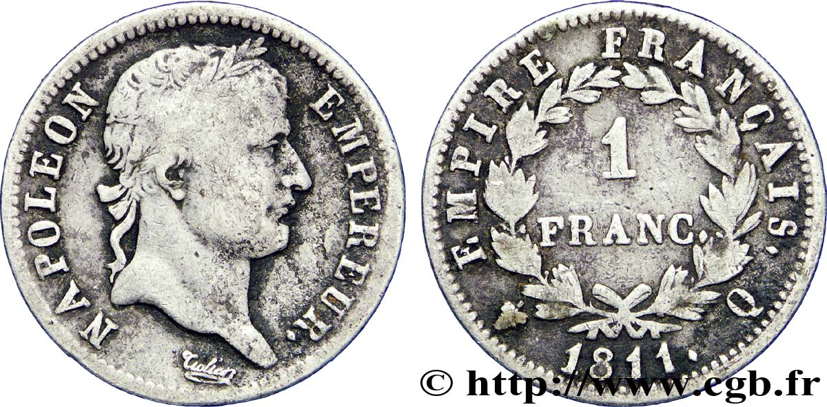 1 franc Napoléon Ier tête laurée, Empire français 1811 Perpignan F.205/39 S20 