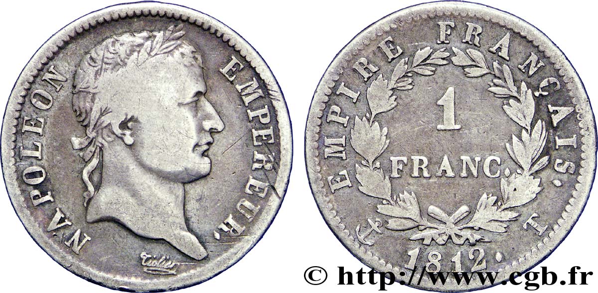 1 franc Napoléon Ier tête laurée, Empire français 1812 Nantes F.205/54 TB35 
