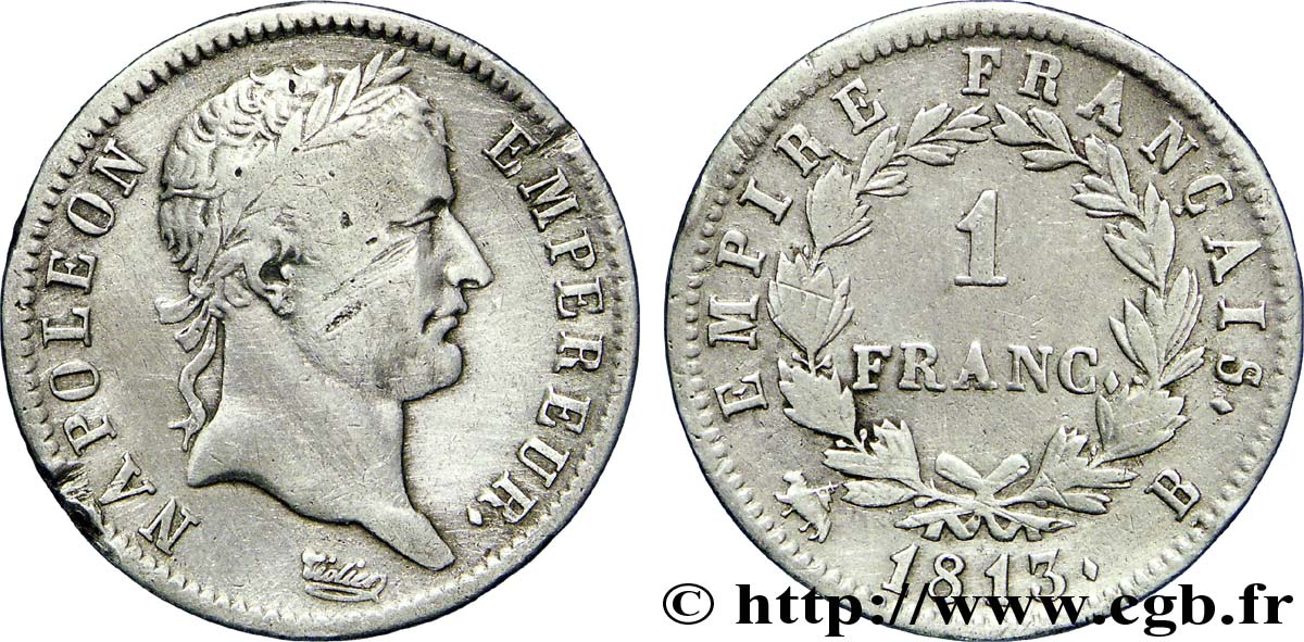 1 franc Napoléon Ier tête laurée, Empire français 1813 Rouen F.205/59 TB30 