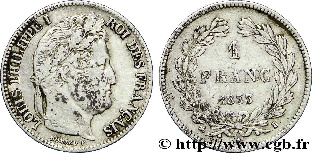 1 franc Louis-Philippe, couronne de chêne 1833 Rouen F.210/15 MBC45 