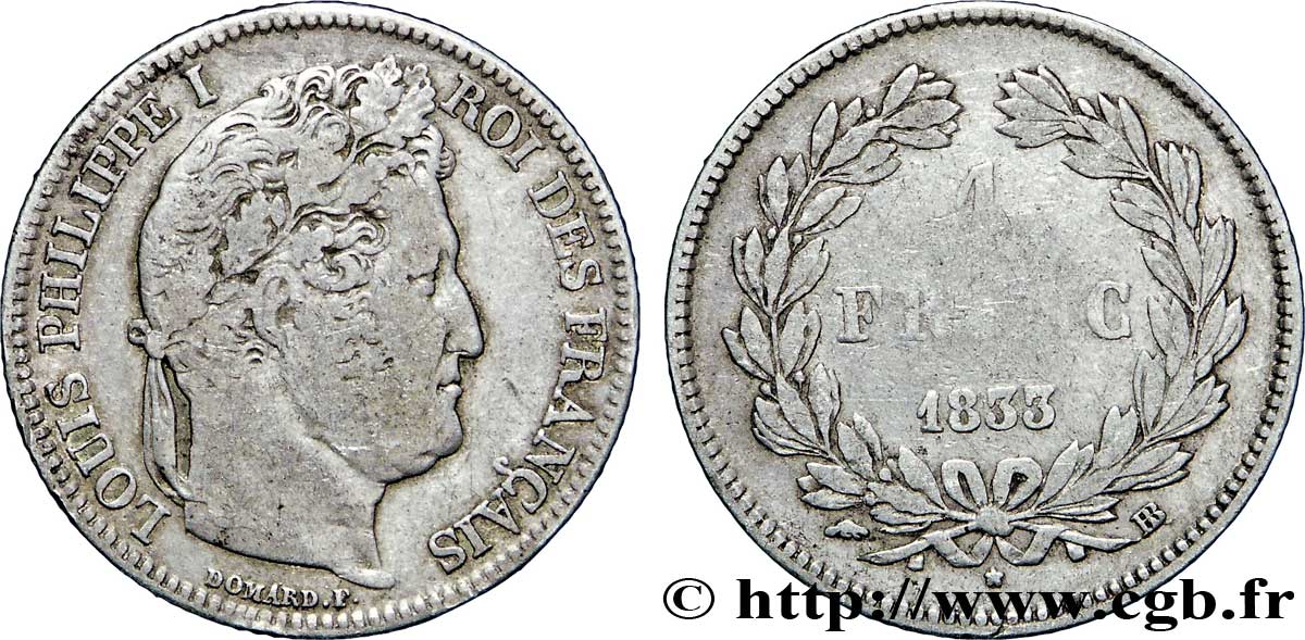 1 franc Louis-Philippe, couronne de chêne 1833 Strasbourg F.210/16 MB18 