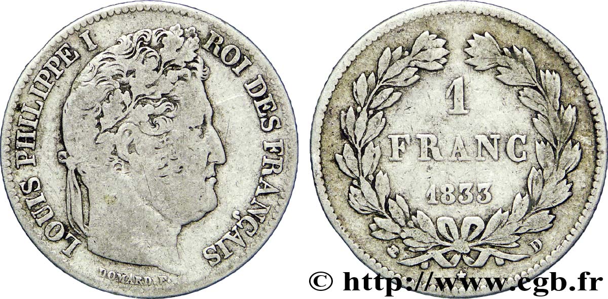 1 franc Louis-Philippe, couronne de chêne 1833 Lyon F.210/17 VF30 