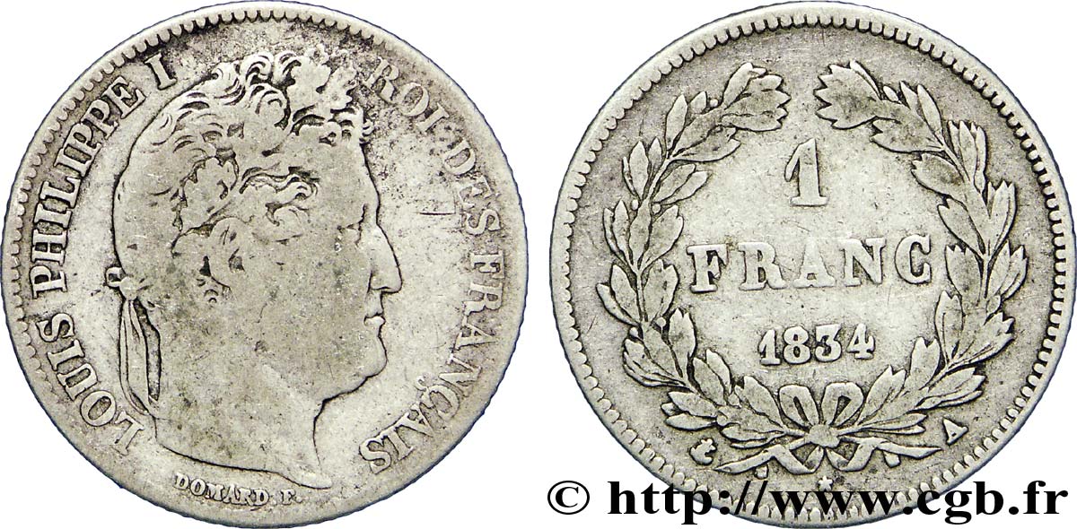 1 franc Louis-Philippe, couronne de chêne 1834 Paris F.210/27 VF20 