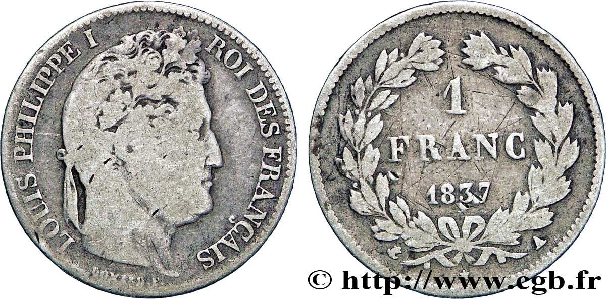 1 franc Louis-Philippe, couronne de chêne 1837 Paris F.210/55 F12 