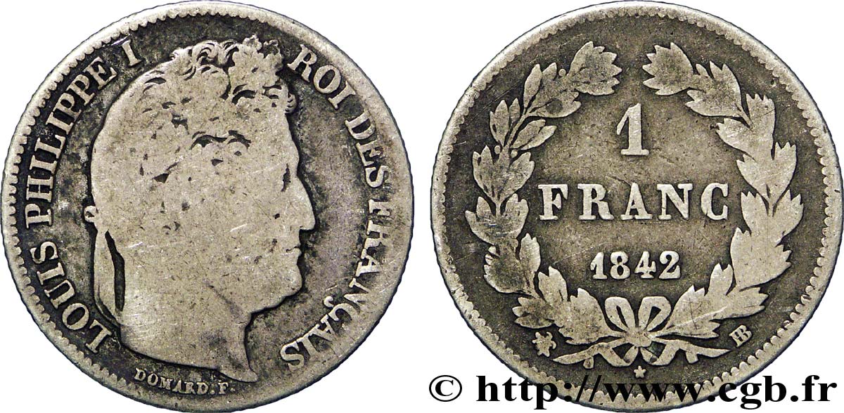 1 franc Louis-Philippe, couronne de chêne 1842 Strasbourg F.210/87 B12 