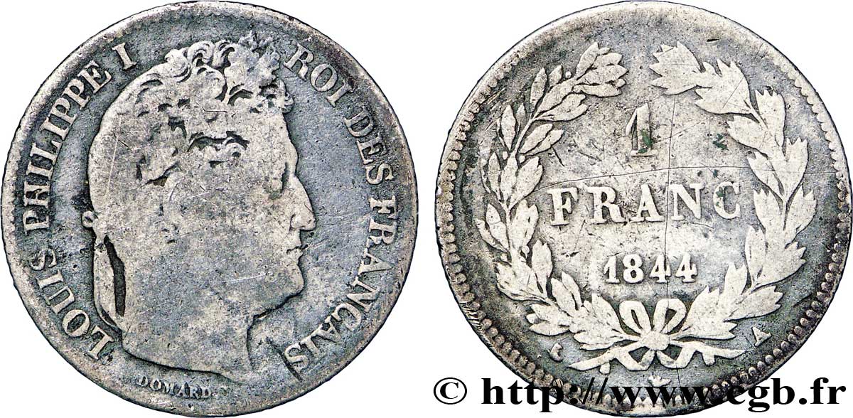 1 franc Louis-Philippe, couronne de chêne 1844 Paris F.210/95 VG10 