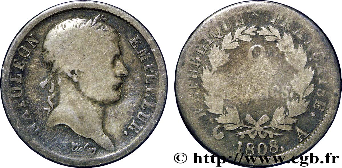 2 francs Napoléon Ier tête laurée, République française 1808 Paris F.254/4 RC8 