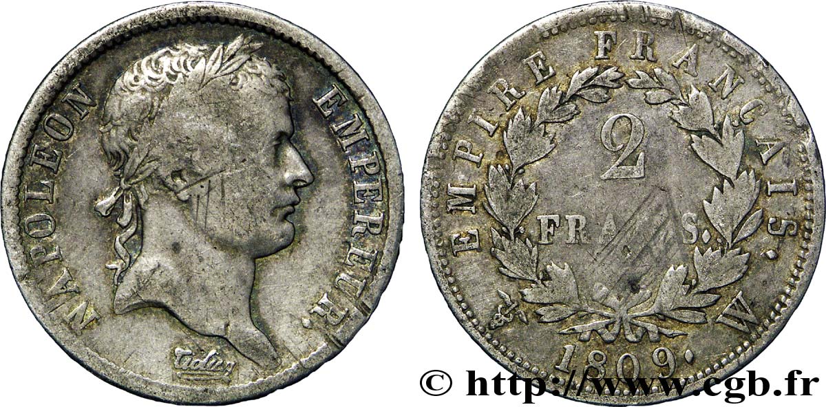 2 francs Napoléon Ier tête laurée, Empire français 1809 Lille F.255/9 S18 