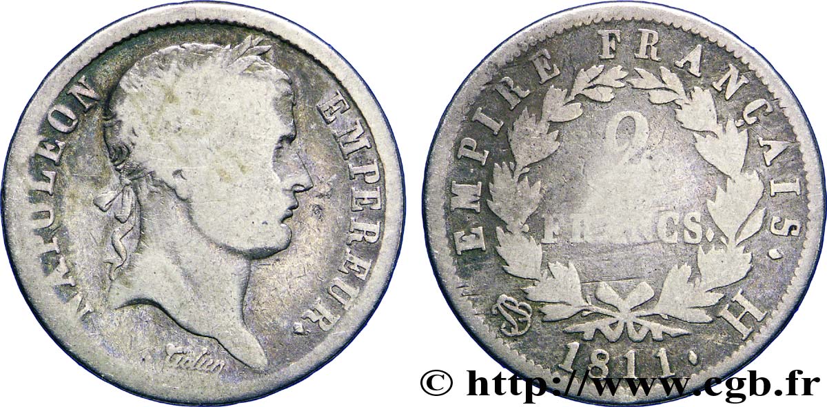 2 francs Napoléon Ier tête laurée, Empire français 1811 La Rochelle F.255/28 VG10 