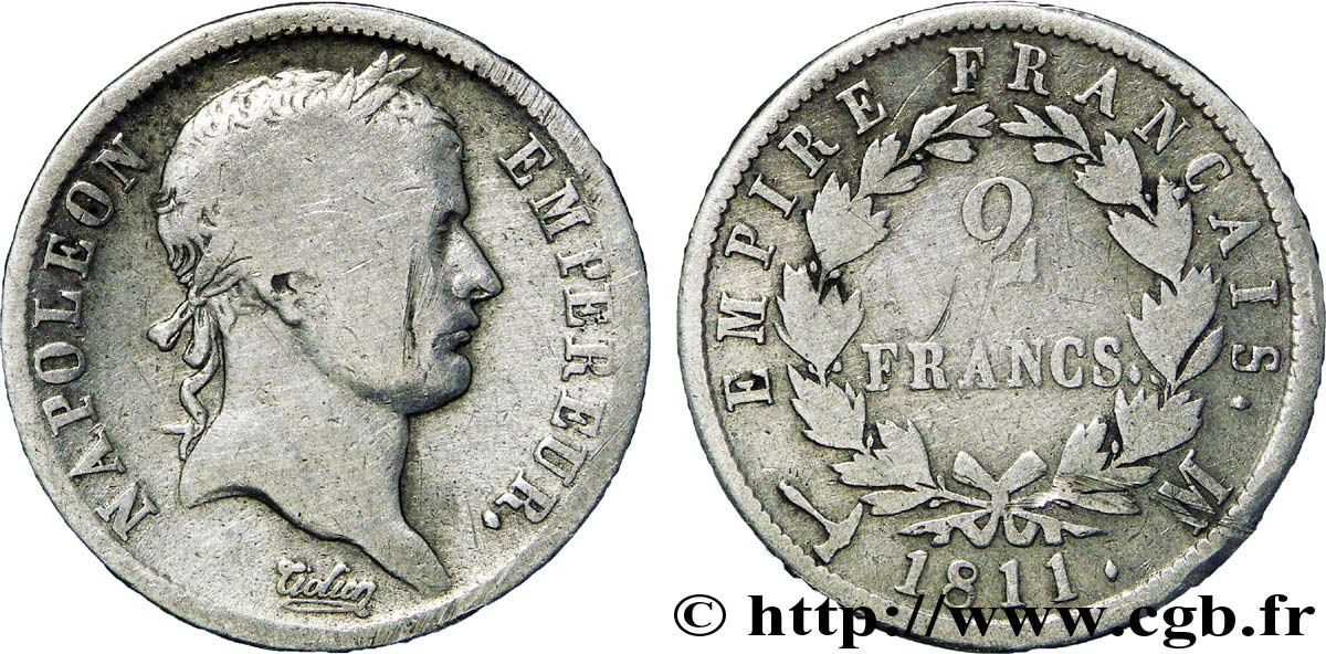 2 francs Napoléon Ier tête laurée, Empire français 1811 Toulouse F.255/32 BC20 