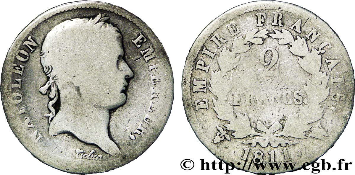 2 francs Napoléon Ier tête laurée, Empire français 1811 Lille F.255/37 VG10 