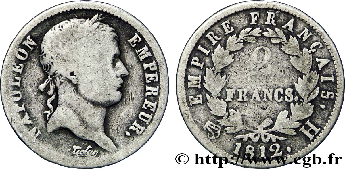 2 francs Napoléon Ier tête laurée, Empire français 1812 La Rochelle F.255/42 TB18 