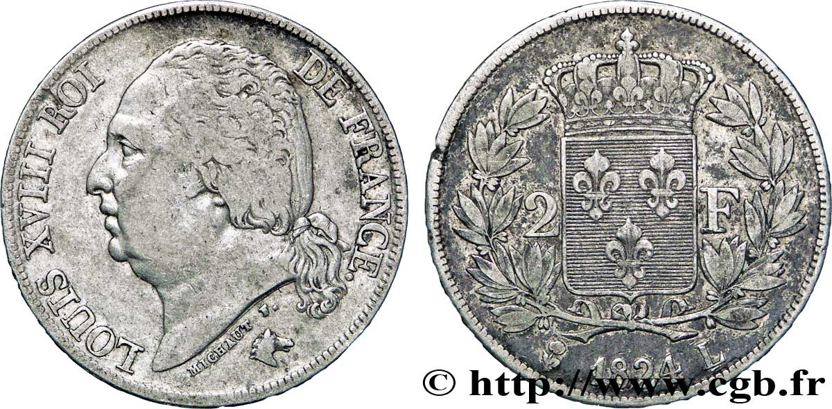 2 francs Louis XVIII 1824 Bayonne F.257/58 XF40 
