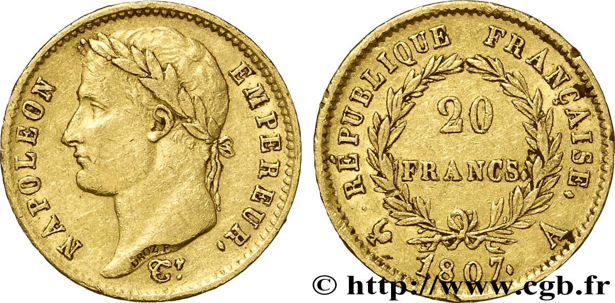 20 francs or Napoléon tête laurée, République française 1807 Paris F.515/1 TTB48 