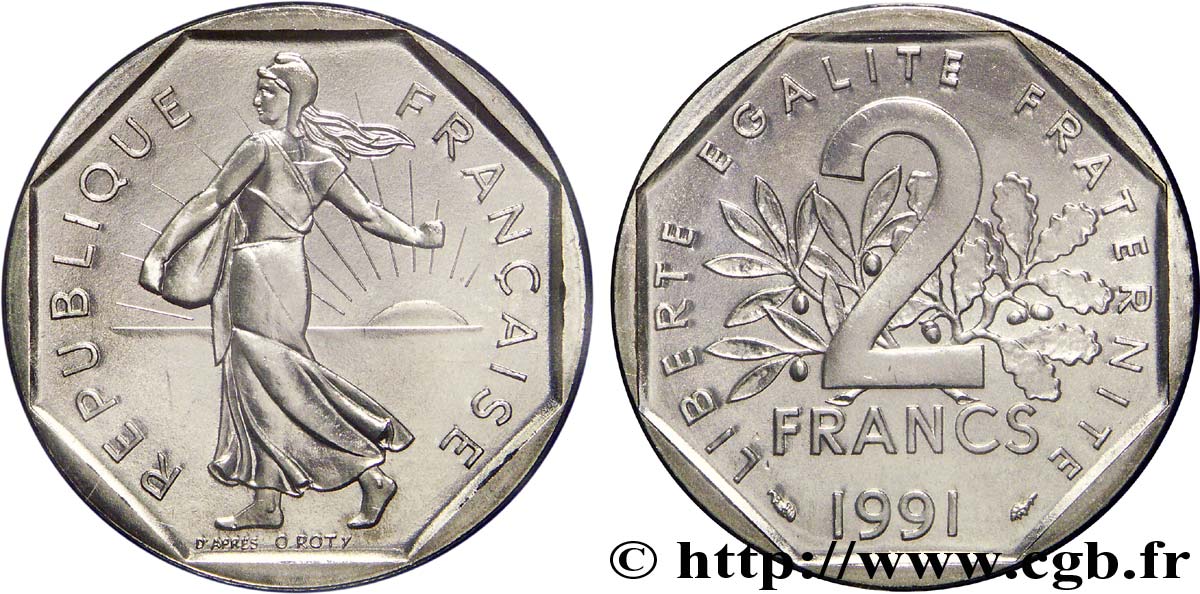 2 francs Semeuse, nickel, Brillant Universel, frappe médaille 1991 Pessac F.272/16 MS 