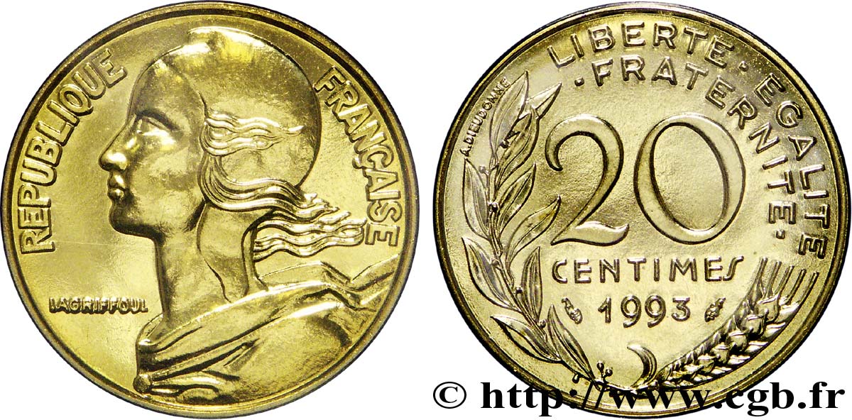 20 centimes Marianne, BU (Brillant Universel), frappe médaille 1993 Pessac F.156/36 MS68 