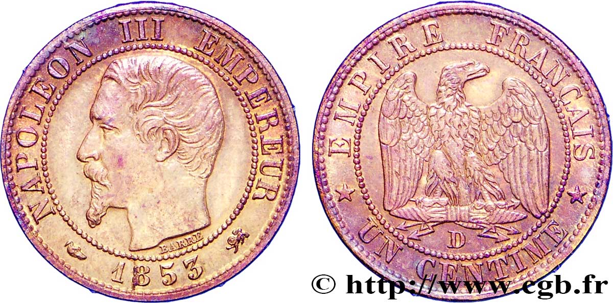 Un centime Napoléon III, tête nue 1853 Lyon F.102/4 AU58 