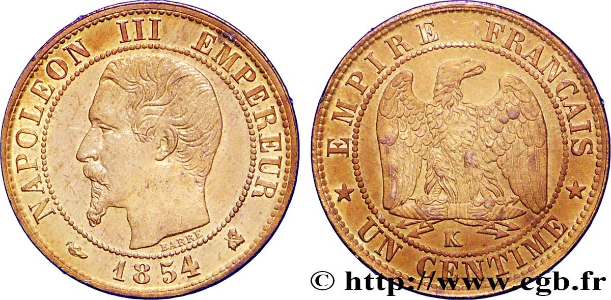 Un centime Napoléon III, tête nue 1854 Bordeaux F.102/13 EBC62 