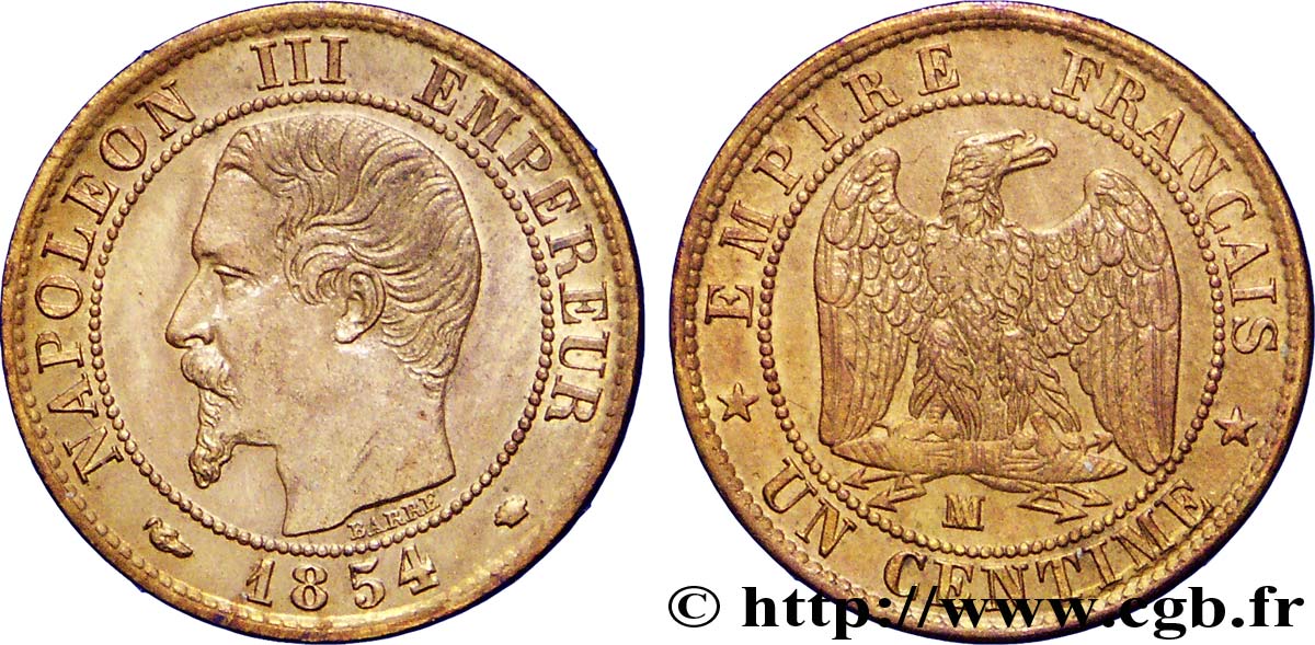 Un centime Napoléon III, tête nue 1854 Marseille F.102/14 EBC60 