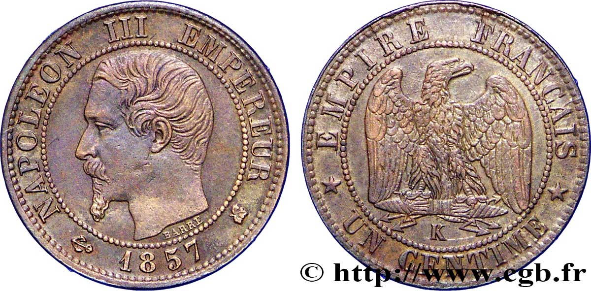 Un centime Napoléon III, tête nue 1857 Bordeaux F.102/36 AU50 