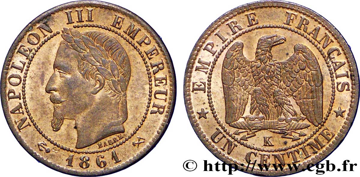 Un centime Napoléon III, tête laurée 1861 Bordeaux F.103/3 MS60 