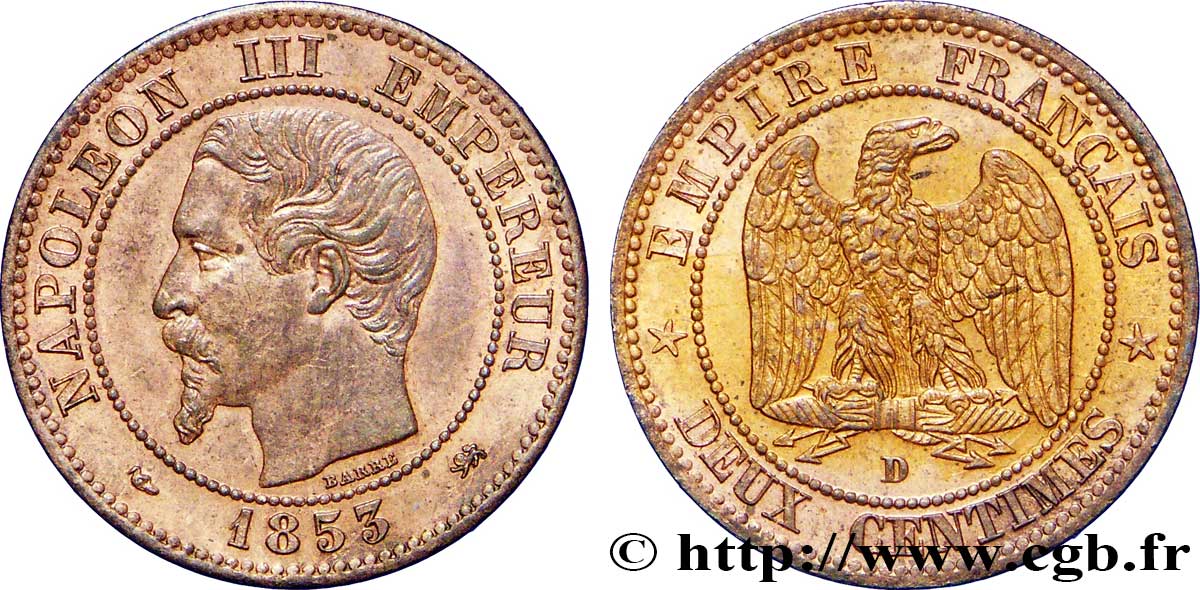 Deux centimes Napoléon III, tête nue 1853 Lyon F.107/5 EBC55 