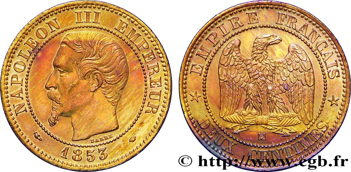 Deux centimes Napoléon III, tête nue 1853 Marseille F.107/7 SUP58 