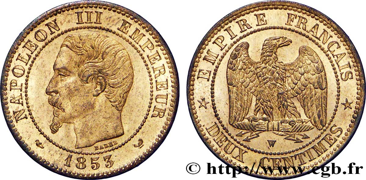 Deux centimes Napoléon III, tête nue 1853 Lille F.107/8 EBC62 