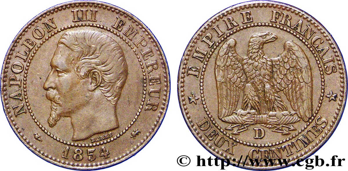 Deux centimes Napoléon III, tête nue, grand D et petit lion 1854 Lyon F.107/13 TTB45 