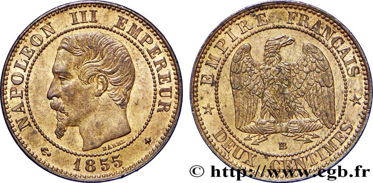 Deux centimes Napoléon III, tête nue 1855 Strasbourg F.107/24 SPL60 