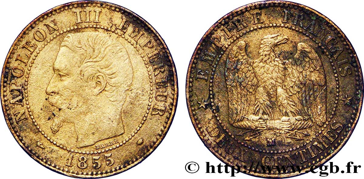 Deux centimes Napoléon III, tête nue 1855 Marseille F.107/35 BC30 
