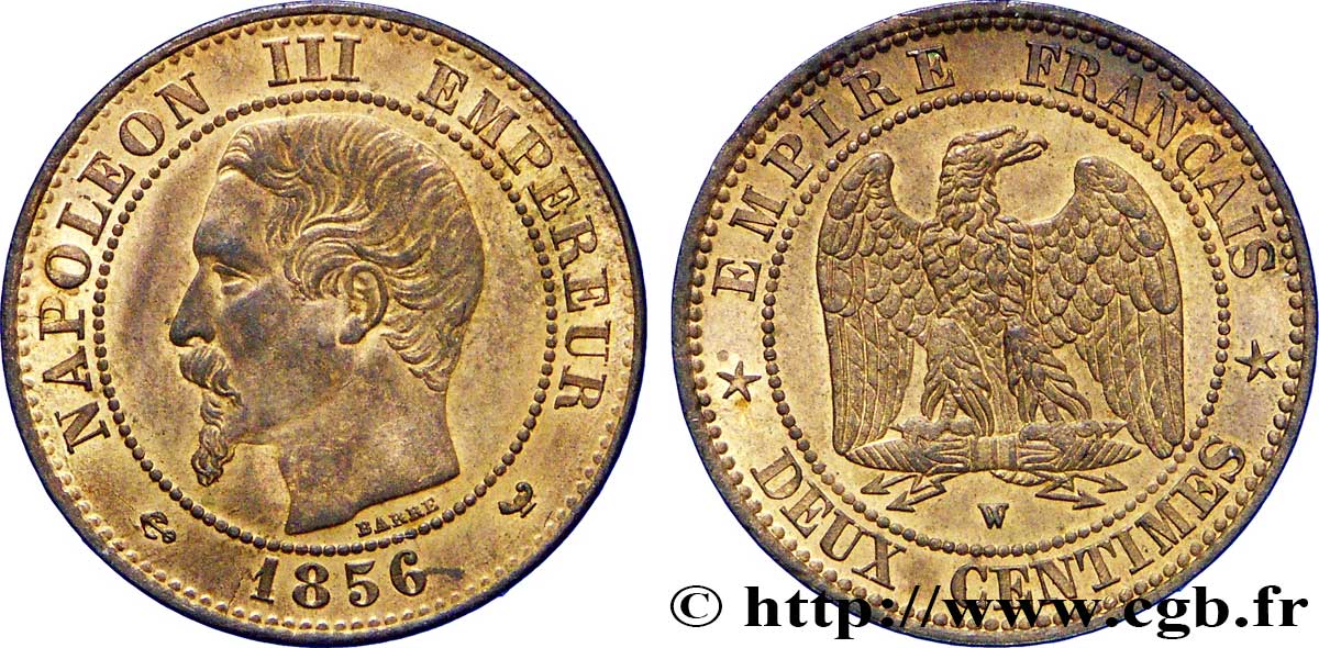 Deux centimes Napoléon III, tête nue 1856 Lille F.107/43 MS60 