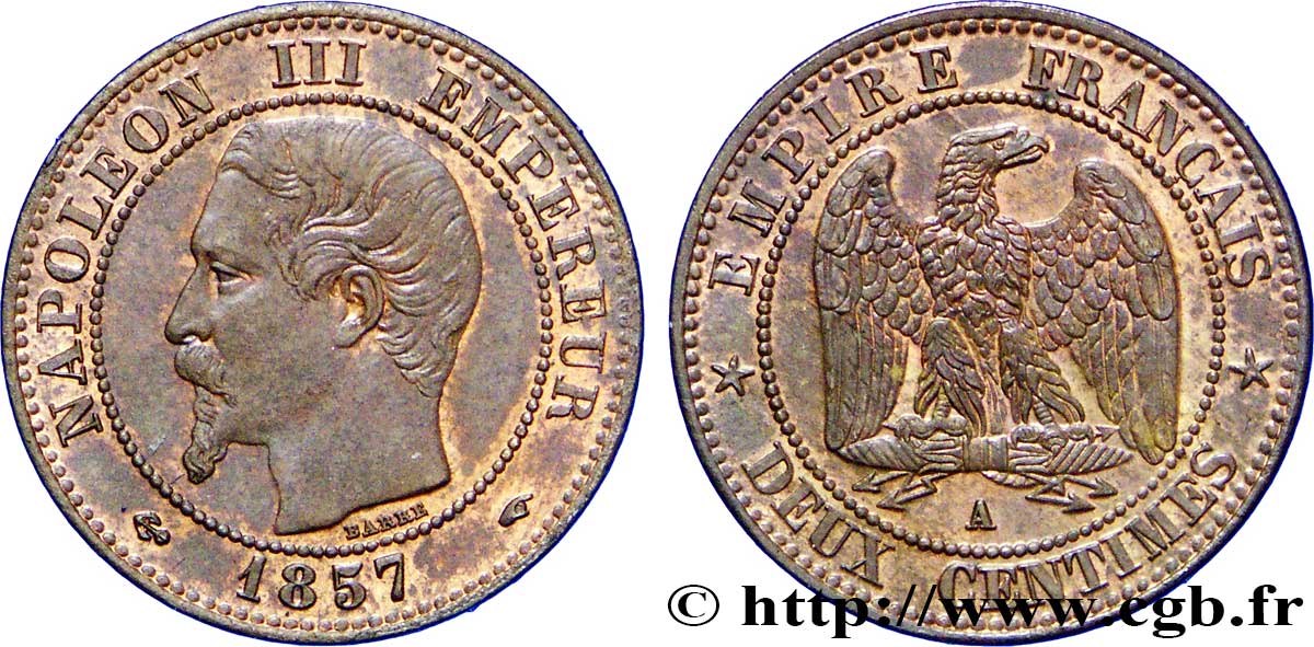Deux centimes Napoléon III, tête nue 1857 Paris F.107/44 EBC58 