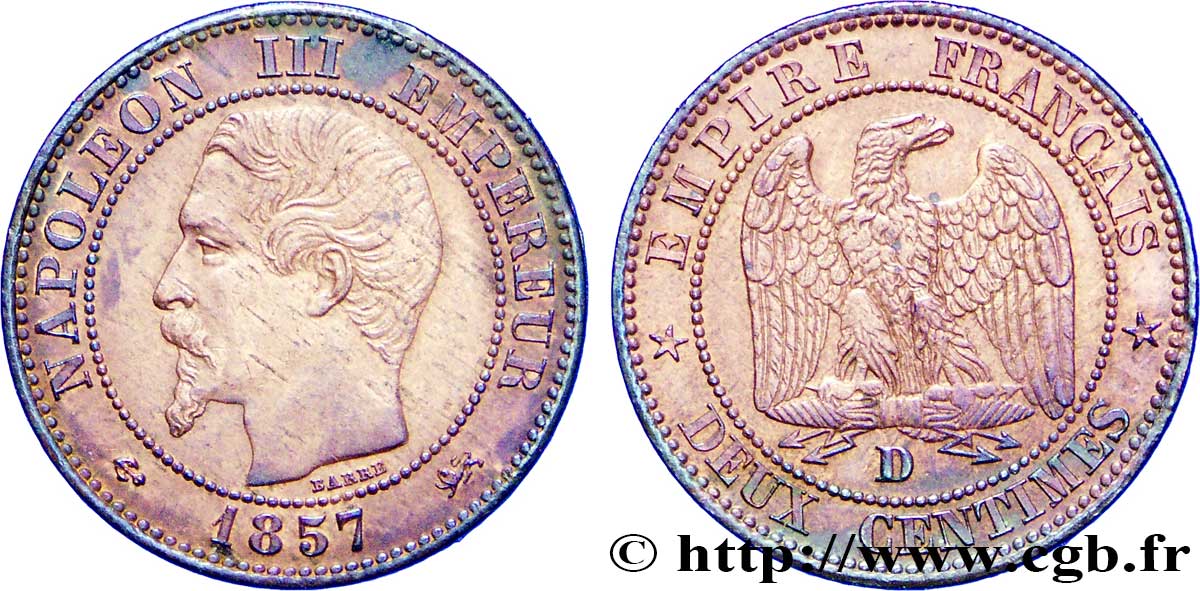 Deux centimes Napoléon III, tête nue 1857 Lyon F.107/46 AU50 