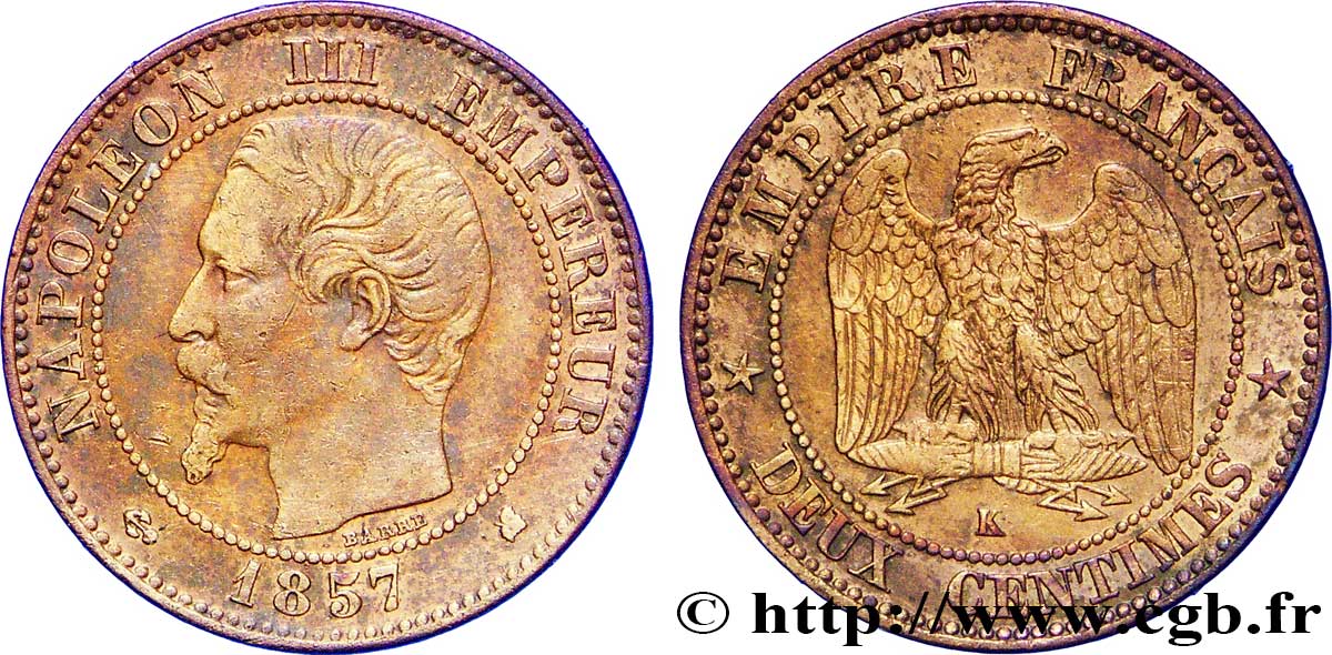 Deux centimes Napoléon III, tête nue 1857 Bordeaux F.107/49 XF48 