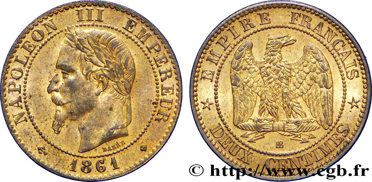 Deux centimes Napoléon III, tête laurée 1861 Strasbourg F.108/2 MS61 