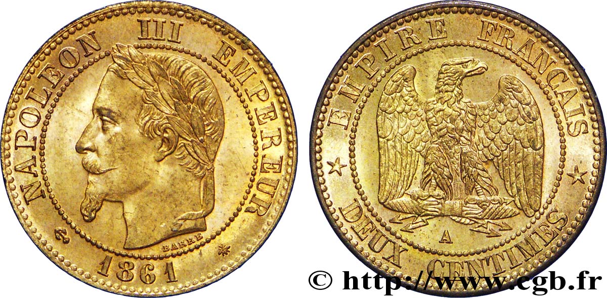 Deux centimes Napoléon III, tête laurée, buste définitif 1861 Paris F.108A/1 FDC65 
