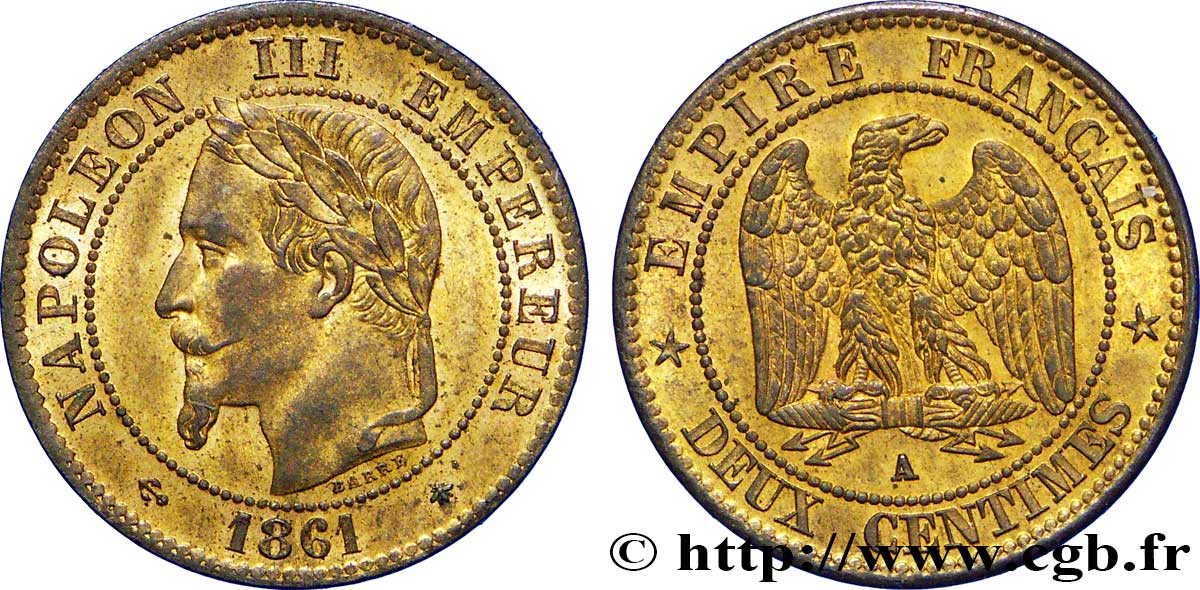 Deux centimes Napoléon III, tête laurée 1861 Paris F.108A/1 MS62 