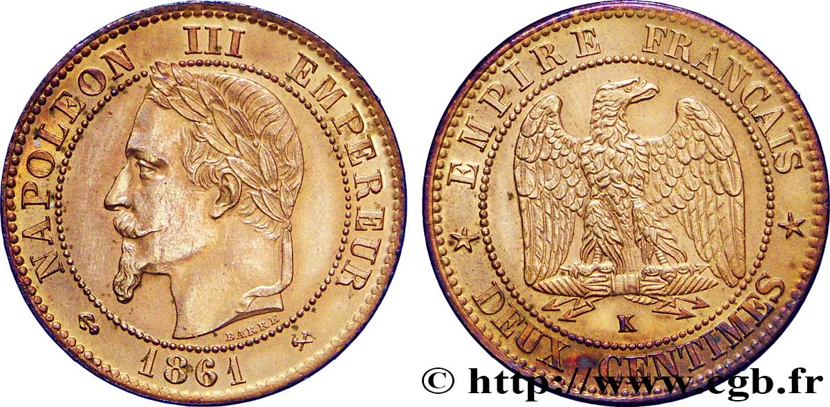 Deux centimes Napoléon III, tête laurée 1861 Bordeaux F.108A/3 SUP59 
