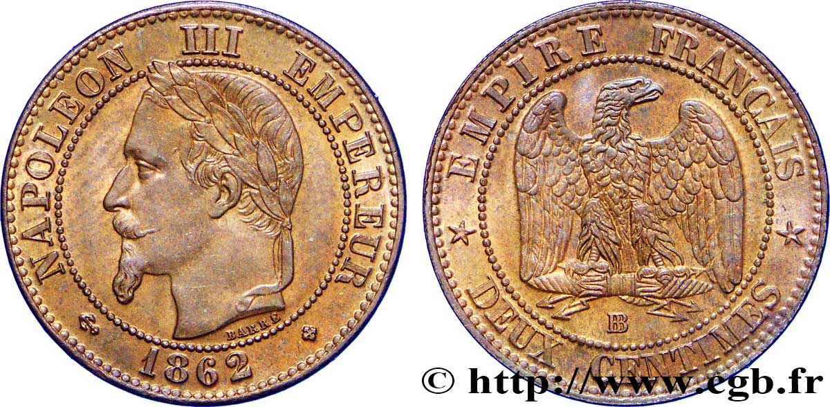 Deux centimes Napoléon III, tête laurée 1862 Strasbourg F.108A/6 SUP62 
